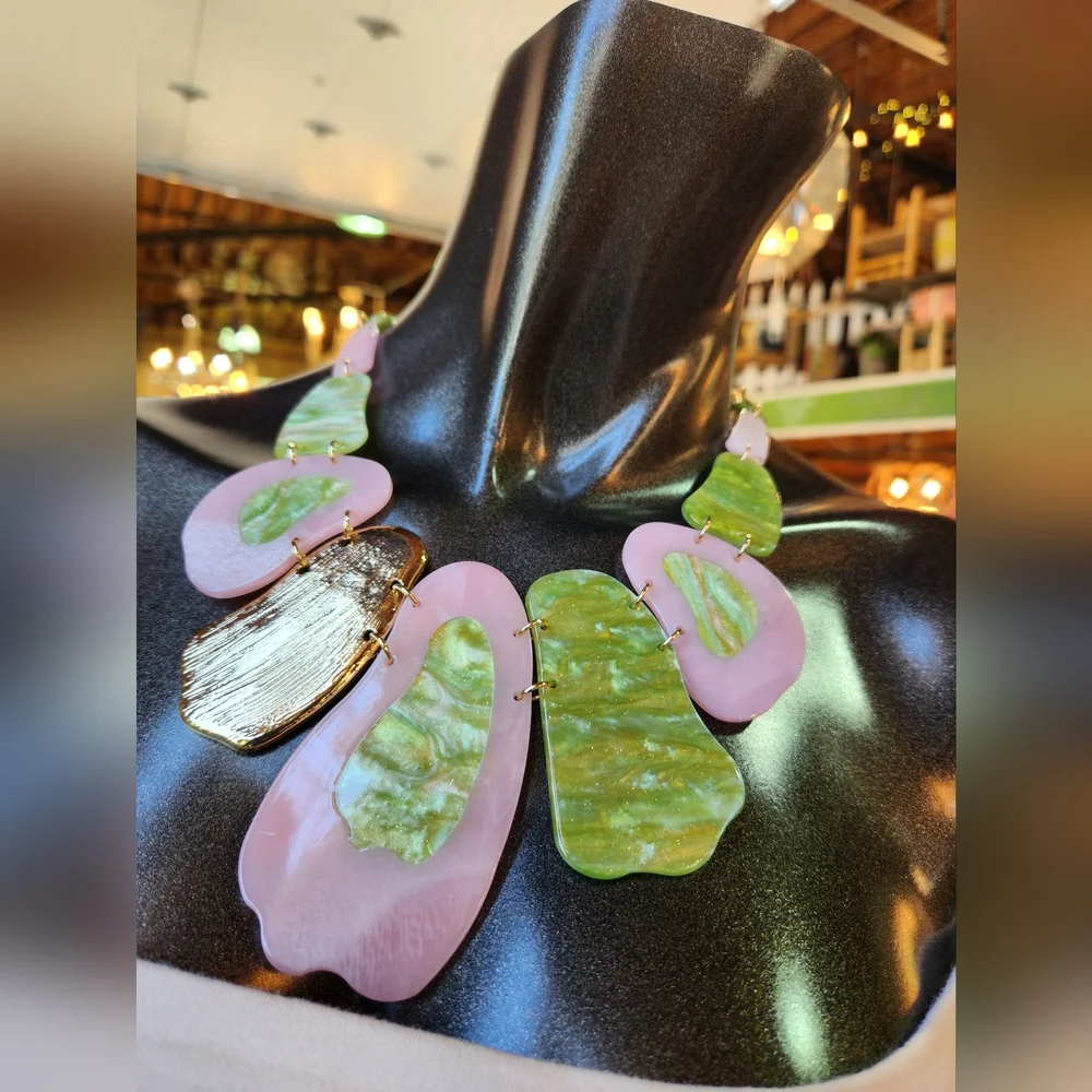 Pink, Green and Goldtone Statement Necklace with Earrings Set - Picture 6 of 17